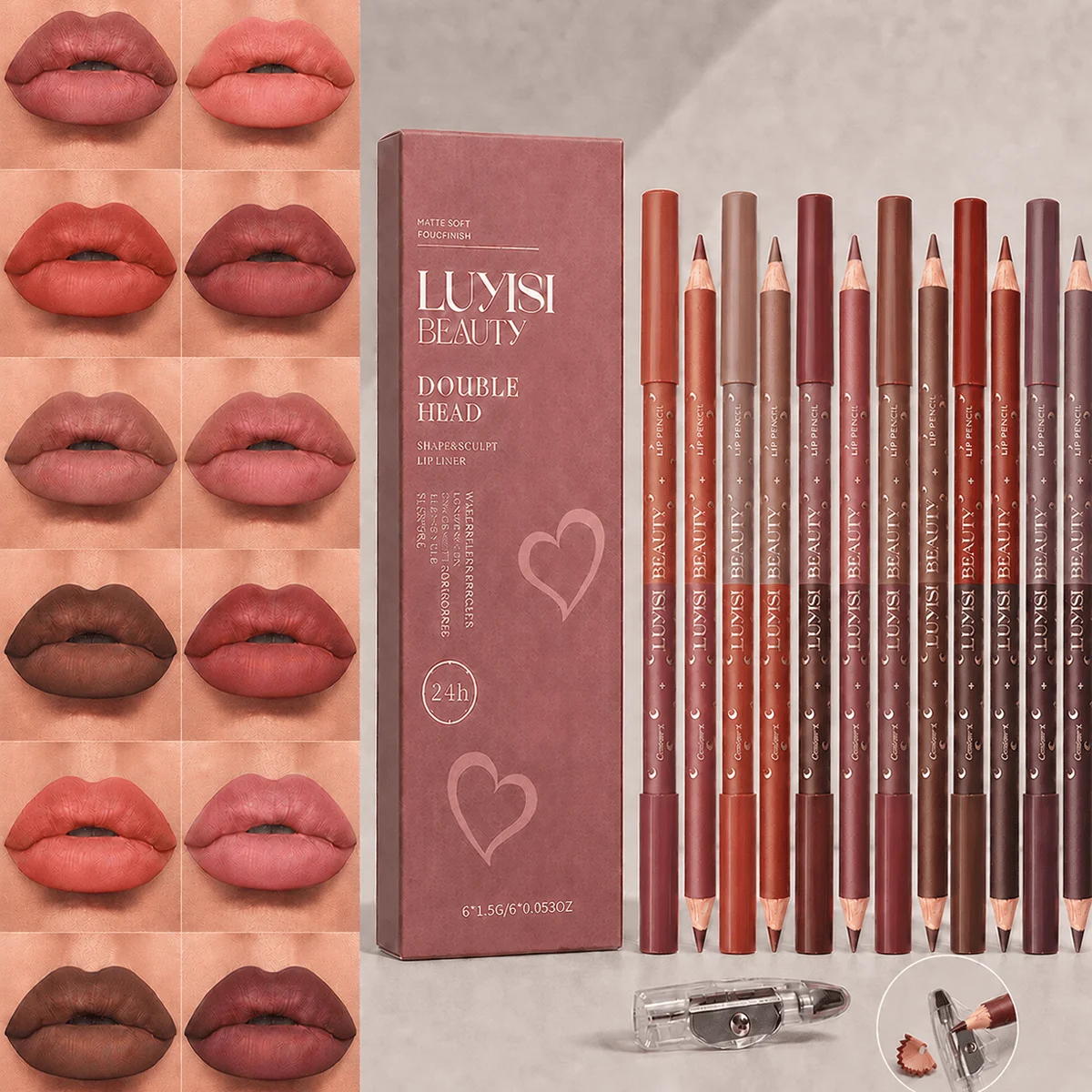 7pcs/Set Lip Makeup Set:6pcs Dual-Ended Matte Waterproof Lip Liners And 1pc Pencil Sharpener,Precisely Outlines The Lips.