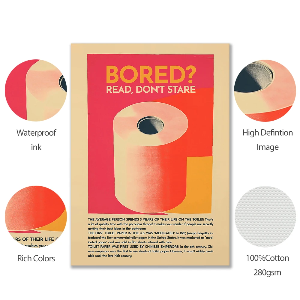 الحمام جدار الفن الرجعية المرحاض الفن يطبع خمر مضحك الحد الأدنى قماش اللوحة ورقة لفة WC المشارك صور ديكور كوادروس