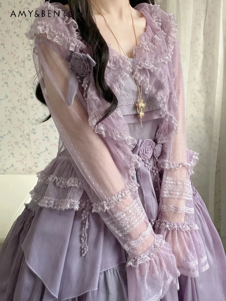 

Elegant Fairy Lolita Ruffled Thin Chiffon Shirt Women Spring Summer Solid Color Versatile Lace Inner Layer CLA Style Short Top