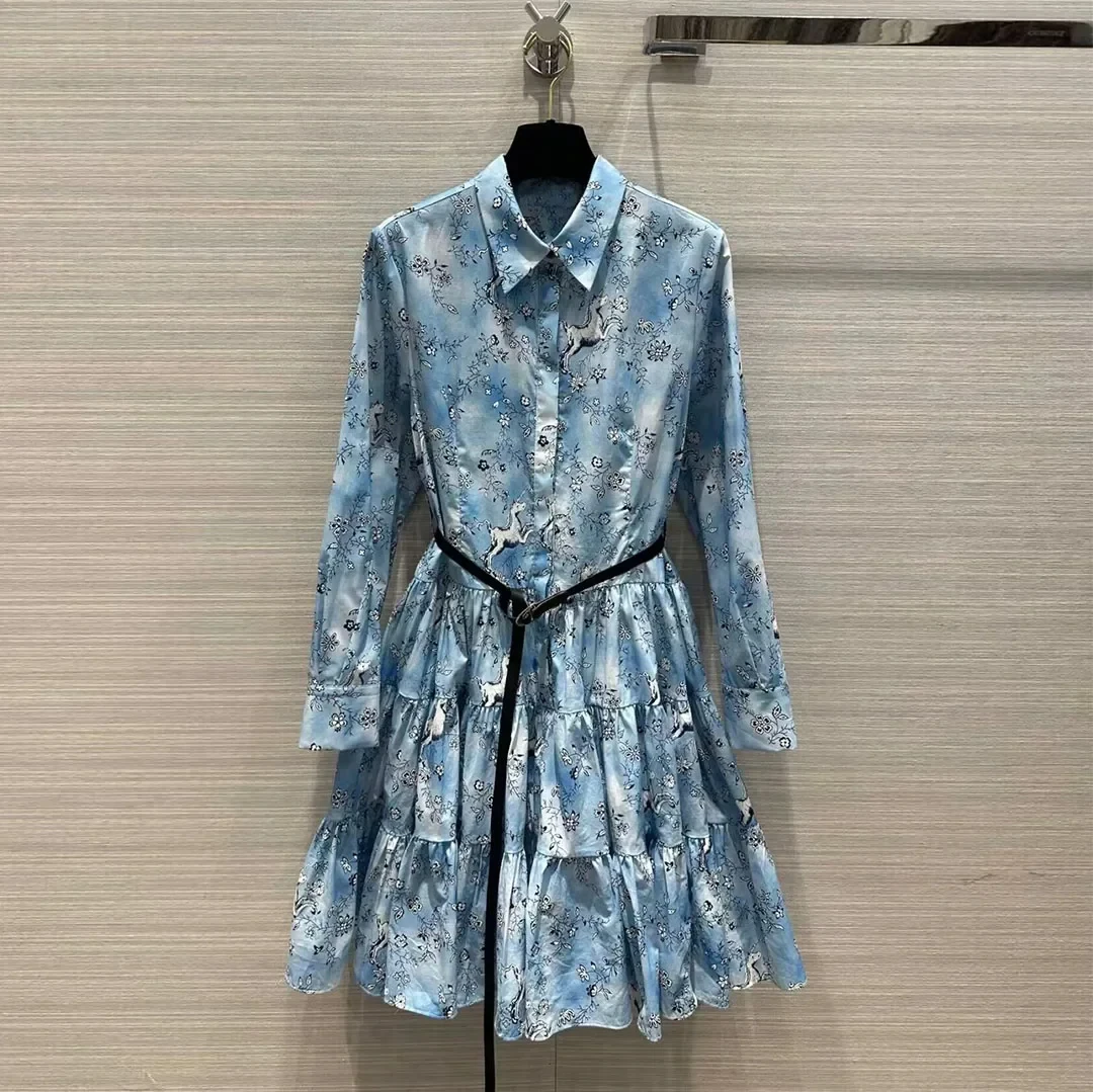 2024 Early Spring Turn-down Collar Long Sleeve Dress Women Floral Cartoon Animal Print Blue A-line Dresses With Belt