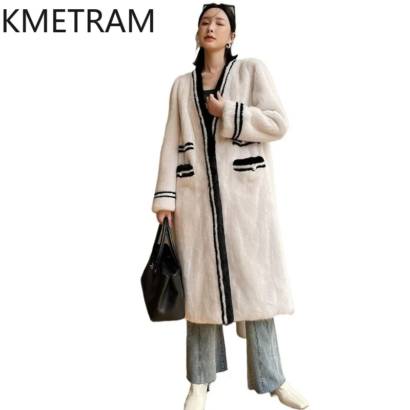 

KMETRAM Natural Mink Fur Jacket Women Elegant V-Neck Long Fur Coats 2026 Winter Warm Casual Real Fur Coat Woman Clothing casaco
