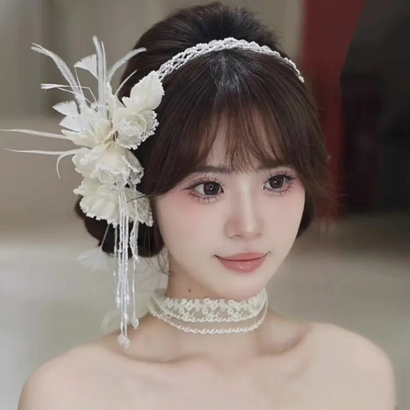 

Handmade Champagne Pipe Beads Flower Feathers French Forehead Neck Chain Dual-purpose Bridal Headgear