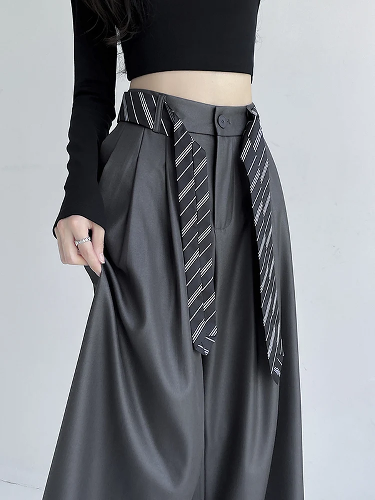 กางเกงขายาวทรงตรงเอวสูงแบบไม่สมมาตร ผ้าหนัง PU ลายทางสไตล์อเมริกัน สำหรับผู้หญิง ฤดูใบไม้ร่วง ฤดูหนาว ทรงหลวม สบายๆ