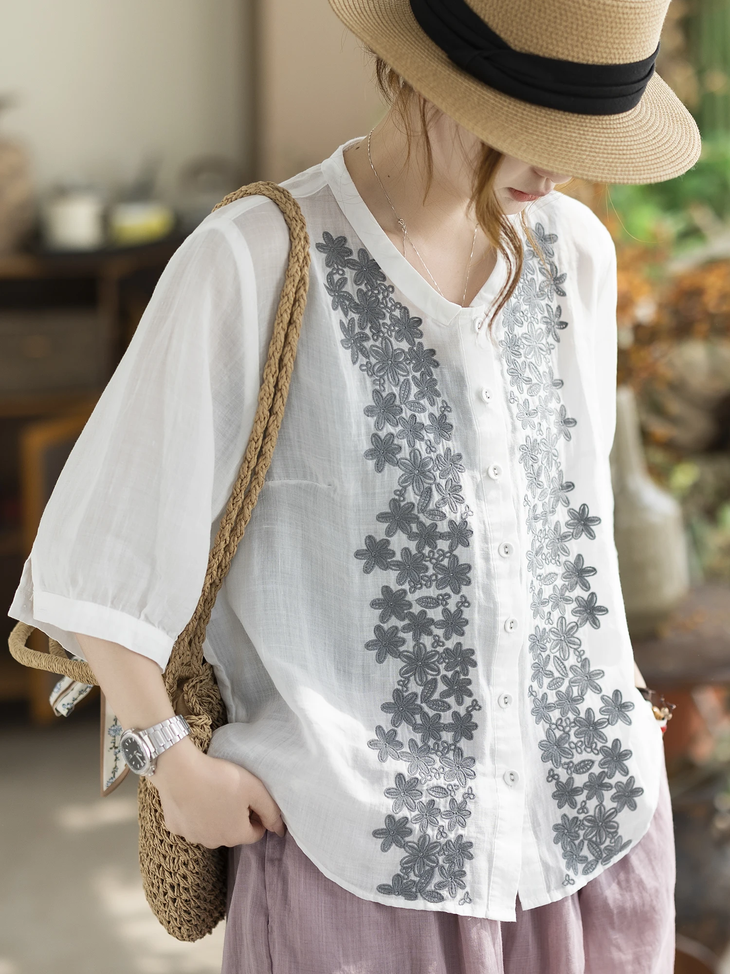 

Хлопково-льняная рубашка женская свободного кроя с вышивкой в виде цветов, дышащая, комфортная, с рукавом 3/4, хлопково-льняная блузка