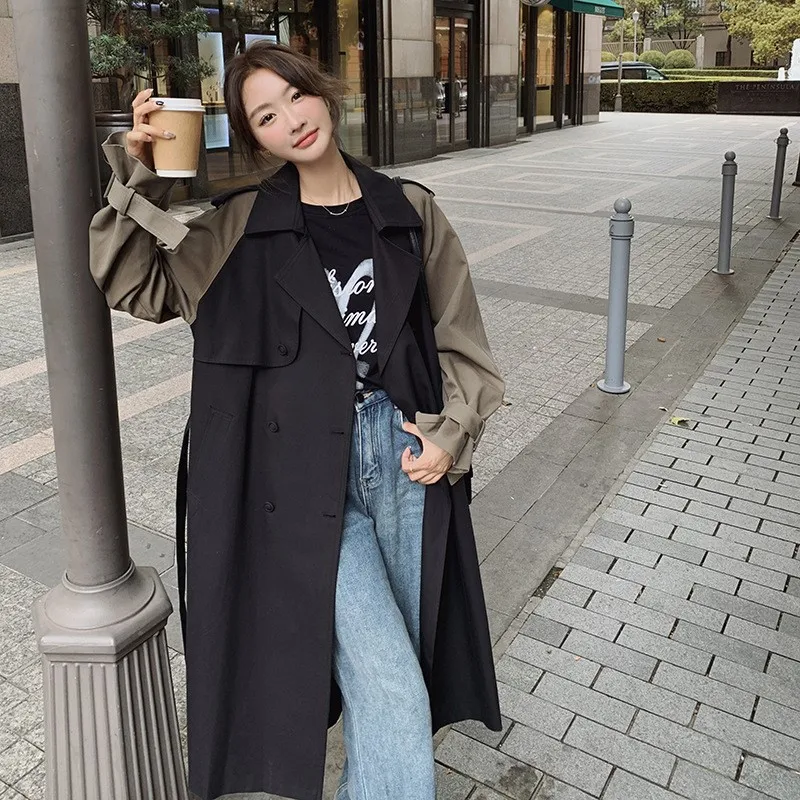 

A new style of women's mid-length trench coat with color-blocking patchwork and lace-up waist-cinching overcoat