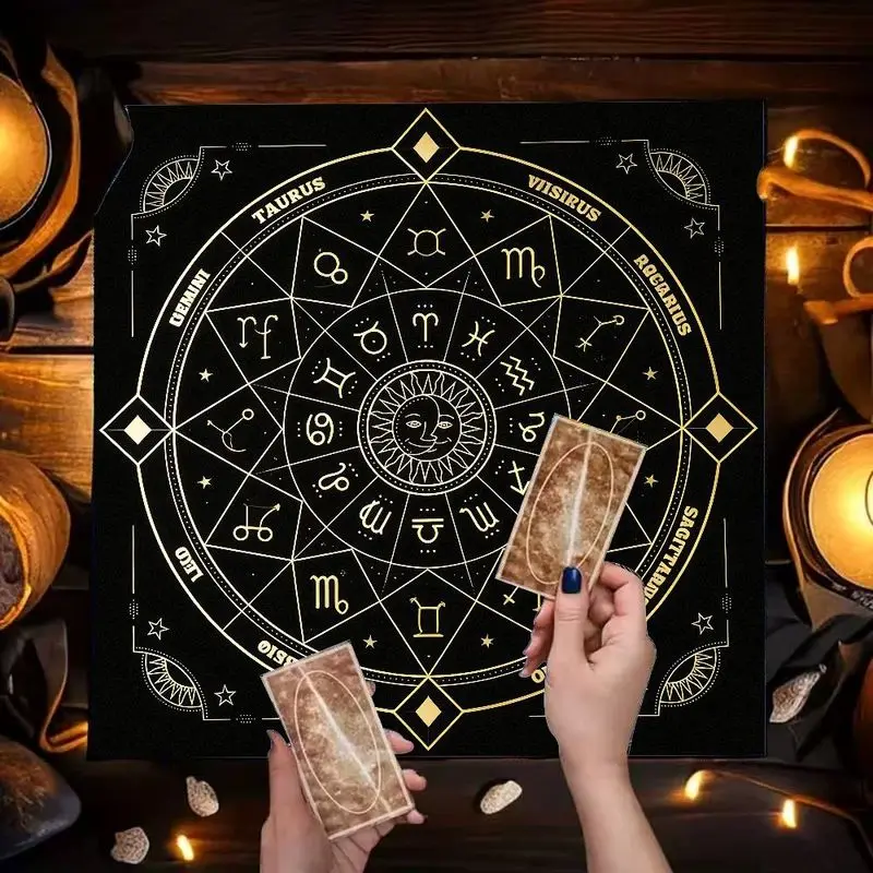 VIKAMA Gold Zodiac Wheel Tarot Table Cloth Black Astrology Altar Cloth Sun Moon Symbol Witch Pagan Divination Table Mat