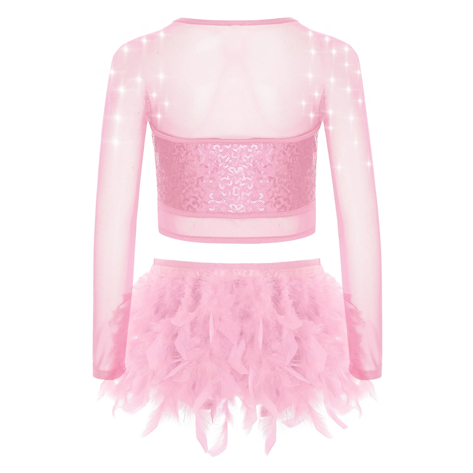 Tenue de spectacle de danse de Ballet de gymnastique pour enfants filles, haut court à paillettes brillantes + jupes en plumes, vêtements de patinage artistique