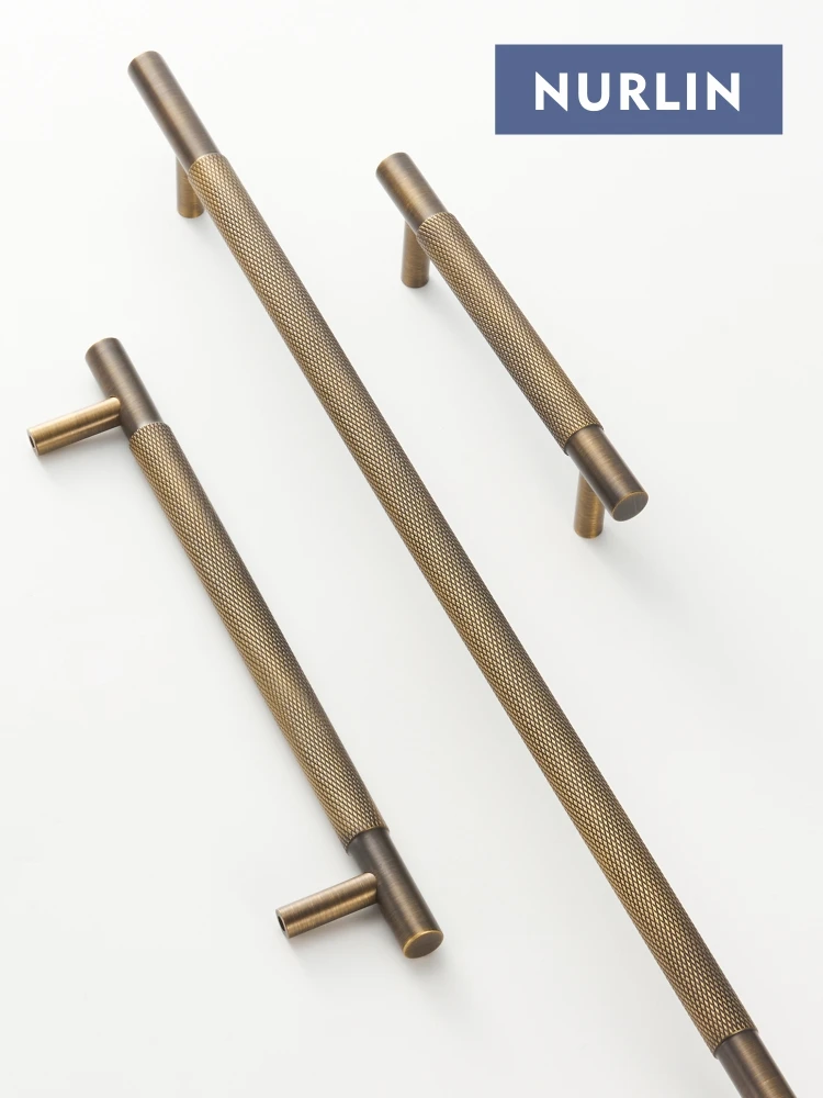 Nurlin Solid Brass Diamond-cut Cross Knurl Pattern Antique Brass Cabinet Handles Wardrobe Pull T-bar Knobs 500mm Long Available