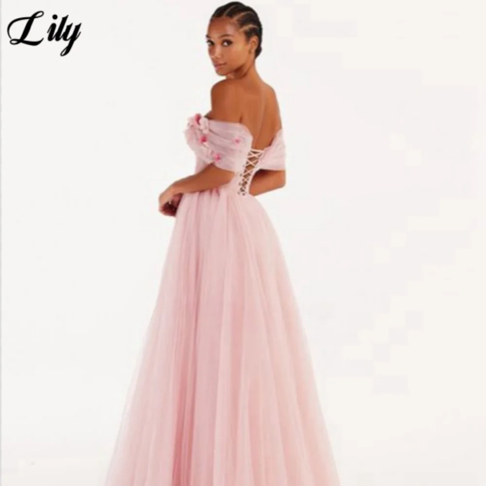 Lily สีชมพู Elegant พรหมชุด 3D-ดอกไม้ Sweetheart ชุดราตรีสําหรับผู้หญิง Tulle ปิดไหล่ Backless ชุดอย่างเป็นทางการที่กําหนดเอง