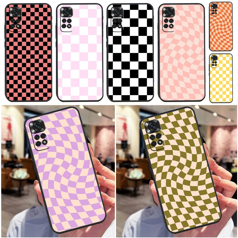 Checkerboard Pattern Mustard Yellow Case For Xiaomi Redmi Note 11 Pro 11S 8 9 12 10 Pro 10S 9S Redmi 9 10 12C 9C 10C Back Cover