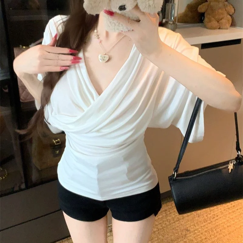 Women V-neck T-shirts Lady Ruched Crisscross V-neck Batwing Sleeve Blouse Waist Cinched Tops Female Daily Short Sleeve