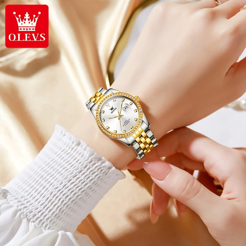 OLEVS, relojes de marca superior para mujer, reloj de cuarzo Original Simple y elegante para hombre, reloj de pulsera con fecha luminosa resistente al agua con esfera de diamante