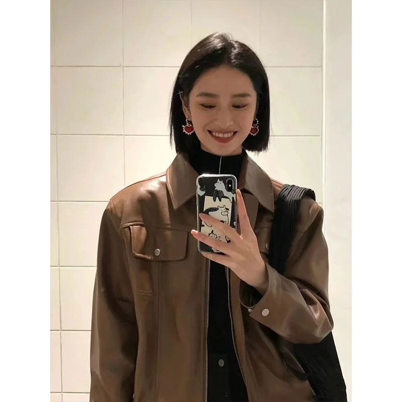 ربيع جديد الكورية نمط فضفاض البني الرجعية الشارع الجلود المرأة عمال دراجة نارية سترة بولي يوريثان #2