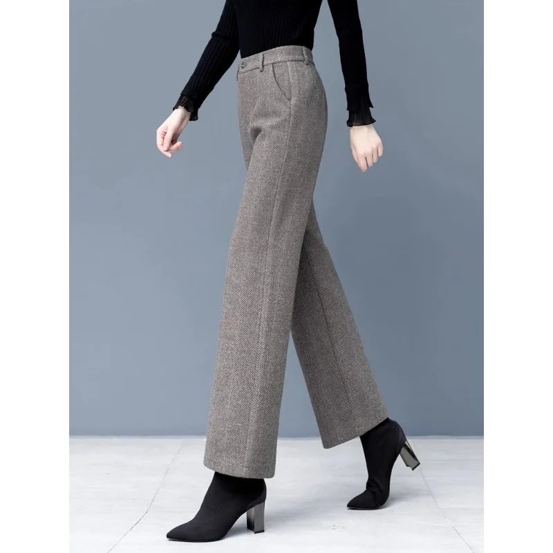 

Women's Woolen Pants Winter Fleece Lined Warm Straight-Leg Pants Elegant Slim Fit Woolen Casual Pants