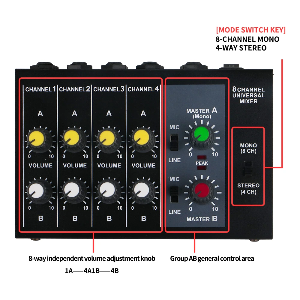 Portable 8 channel metal mono stereo audio mixer with power adapter cable audio mixer subminiature low noise