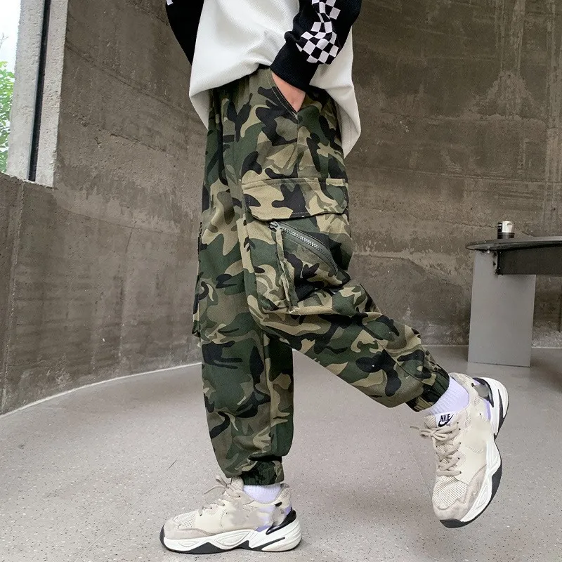 Boys Camouflage Jogging Pants Streetwear Cotton Cargo Trousers Harajuku Casual Joggers Spring Fall for Kids Clothes 6 to 14 Year