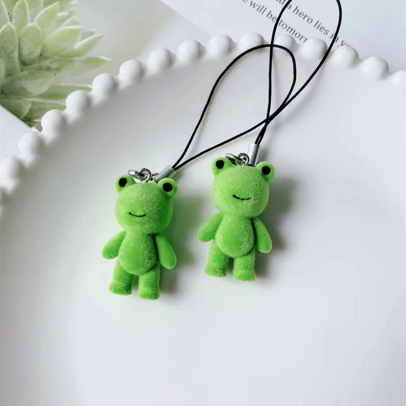 Frog Pendant Kawaii 3D Fluffy Flocking Animal Frog Charms Miniature Dolls Keychain Necklace Pendant DIY Jewelry Make