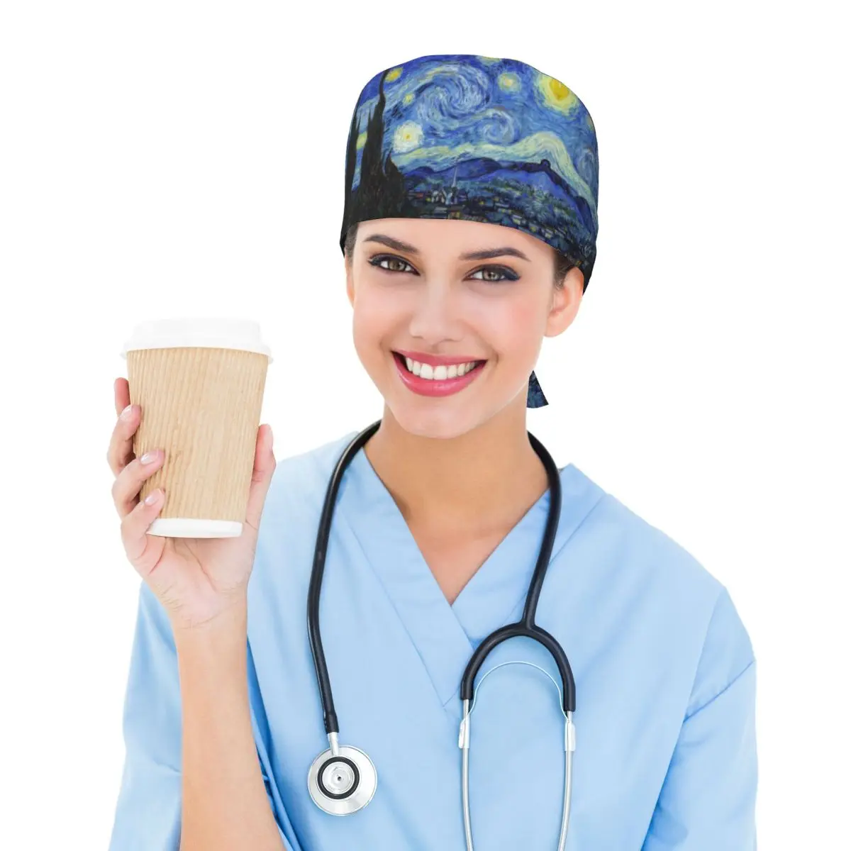 مخصص فنسنت فان جوخ ليلة مليئة بالنجوم قبعة العمل النساء الرجال الفن اللوحة الجراحية قبعة فرك التمريض طبيب الجراح قبعة للممرضة #6