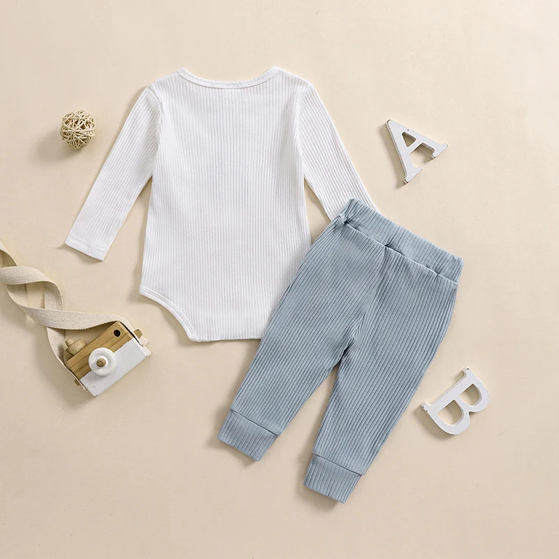 Baby Boys 2PCS Outfit Sets Long Sleeve Crew Neck Button Romper Solid Color Drawstring Pants Sets image 4