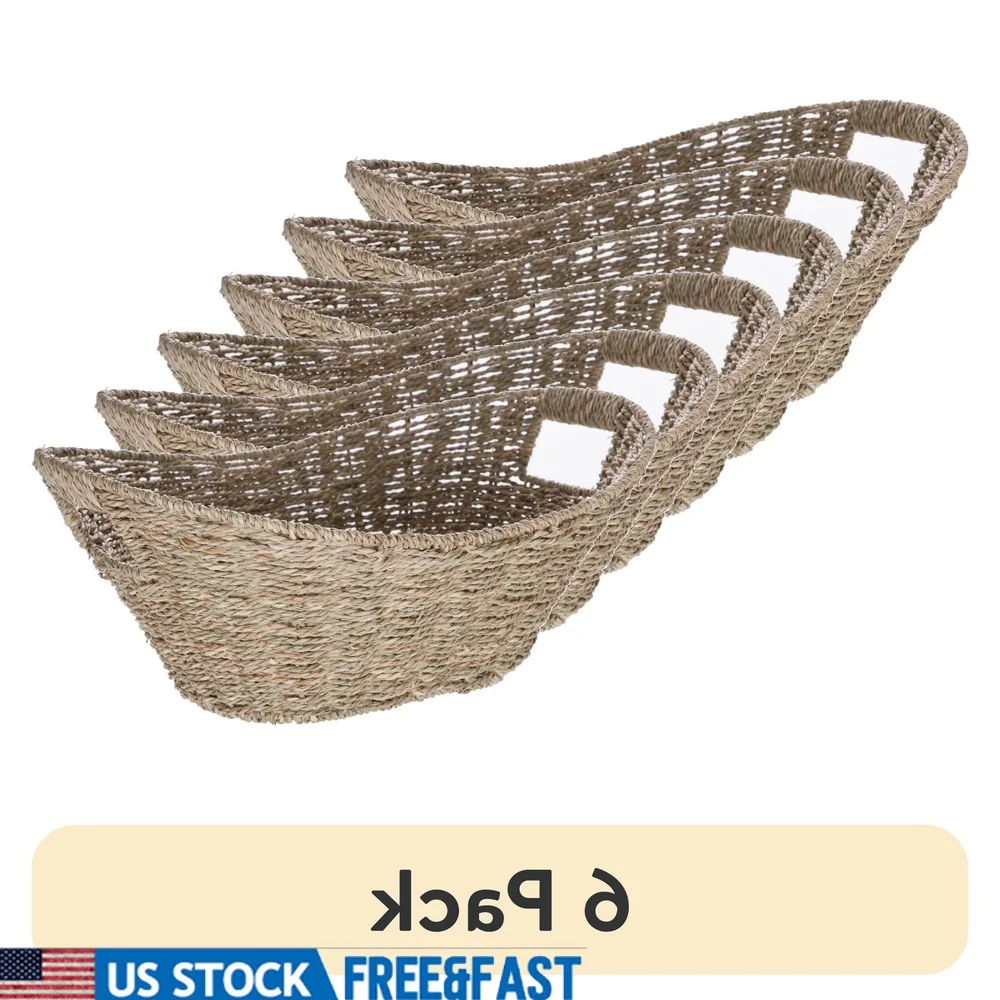 

6 Pack Oval Natural Seagrass Storage Baskets Handwoven with Cut-Out Handles Ideal Craft Supplies Toiletries Home Organization