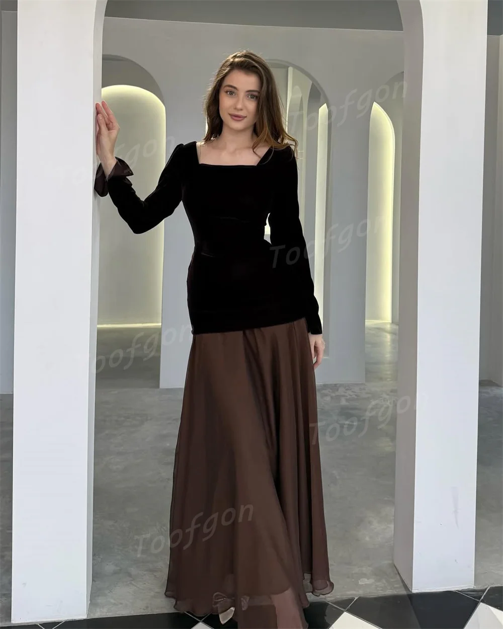 Toofgon A Line Square Neck Prom Dresses Customized Long Sleeve Pleated Women Formal Evening Gowns Chiffon Party Girls Dance Gown