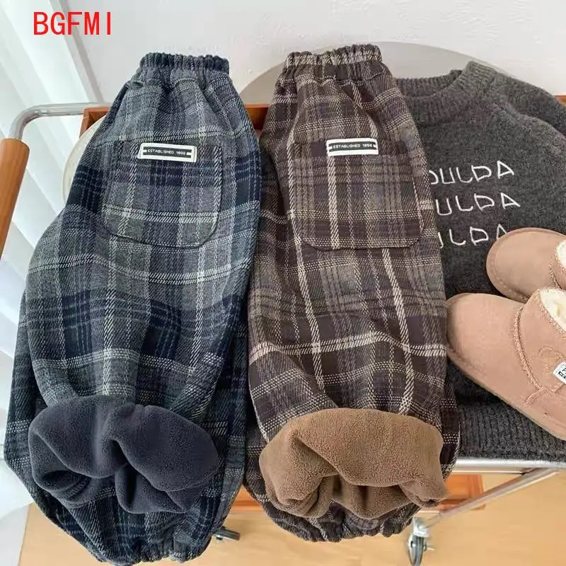 2025 New Winter Children Grid Woolen Trousers Plus Velvet Thick Girls Baby Boys Fleece Casual tapered Pants Kids Clothes 1-10Y