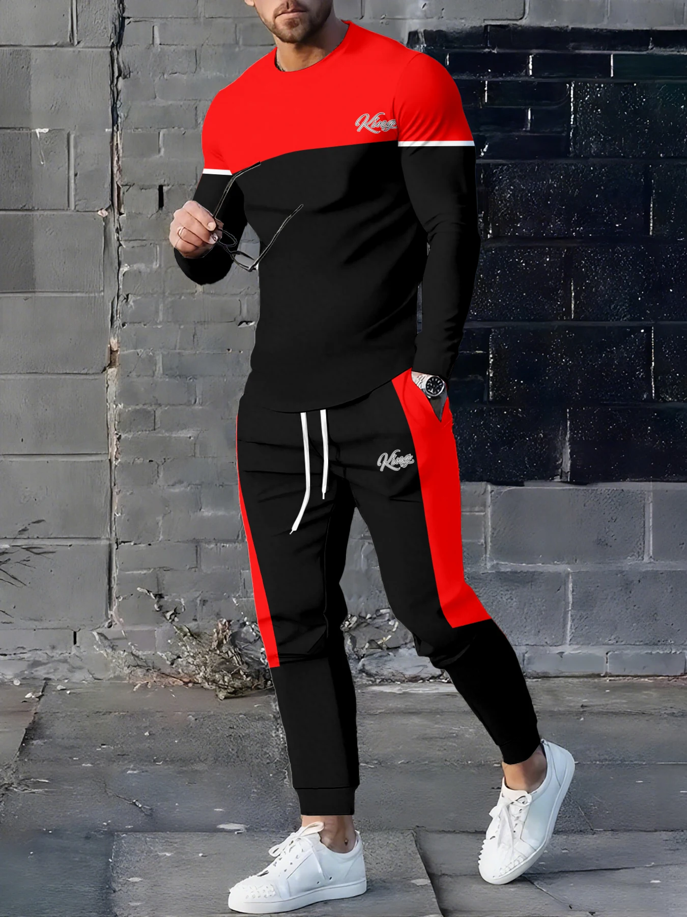 Conjunto de cuello redondo de manga larga para hombre, moda urbana urbana, 2 uds., Top informal de cuello redondo para uso diario, estilo largo holgado informal para exteriores