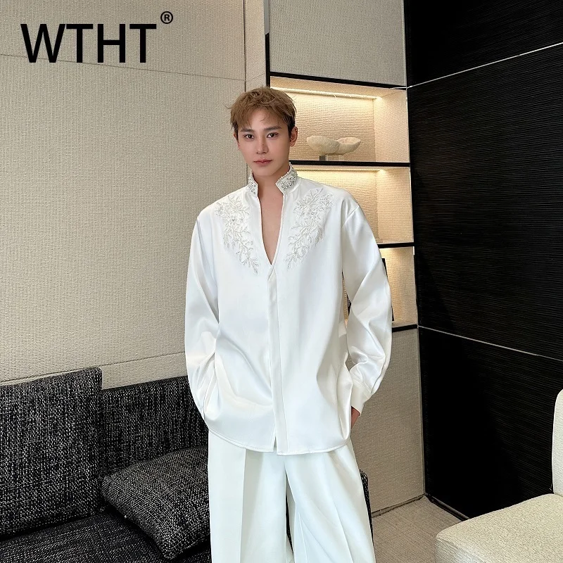 

WTHT Fashion Men's Spliced Diamond Beads Solid Color Shirts Trendy Stand Collar Long Sleeves Tops Male 2025 Summer 2A1150