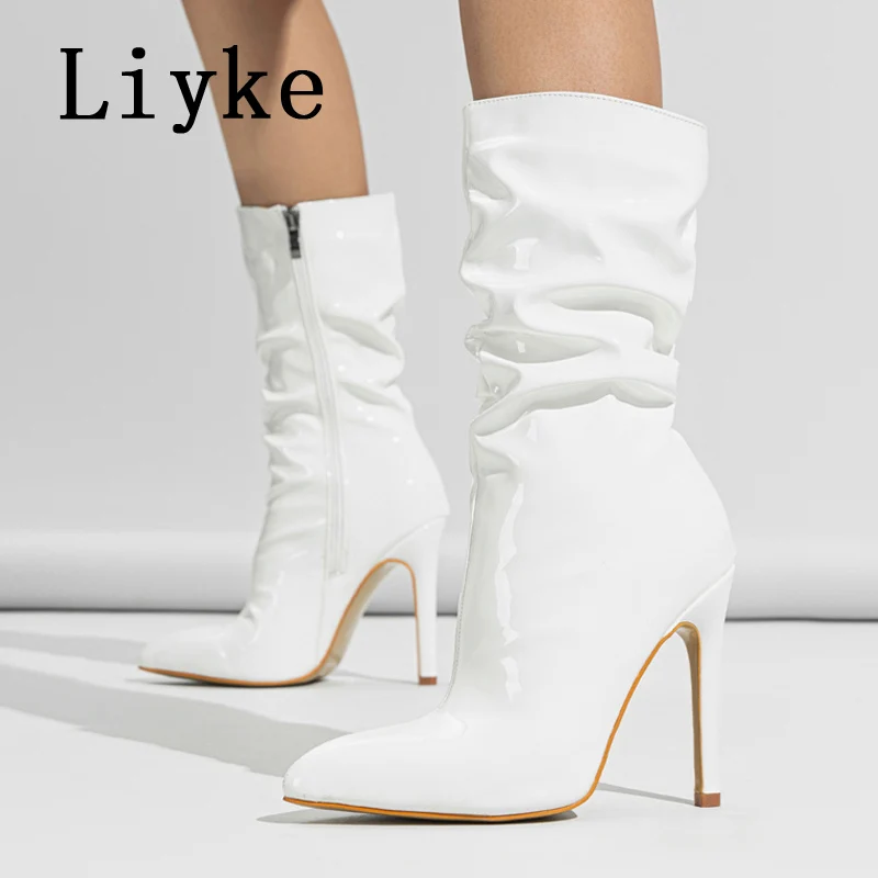 

Модные дизайнерские плиссированные женские ботильоны Liyke из лакированной кожи, привлекательные облегающие короткие ботинки с острым носком, туфли-лодочки на тонком каблуке
