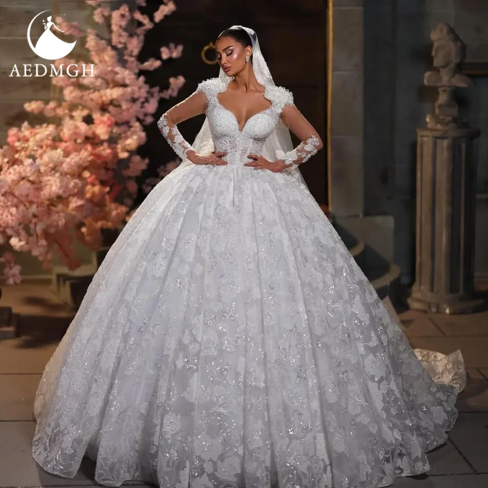 Aedmgh Ball Gown Royal Wedding Dresses Sweetheart Long Sleeve Vestido De Novia Lace Embroidery Luxury Custom Made Bridal Gowns