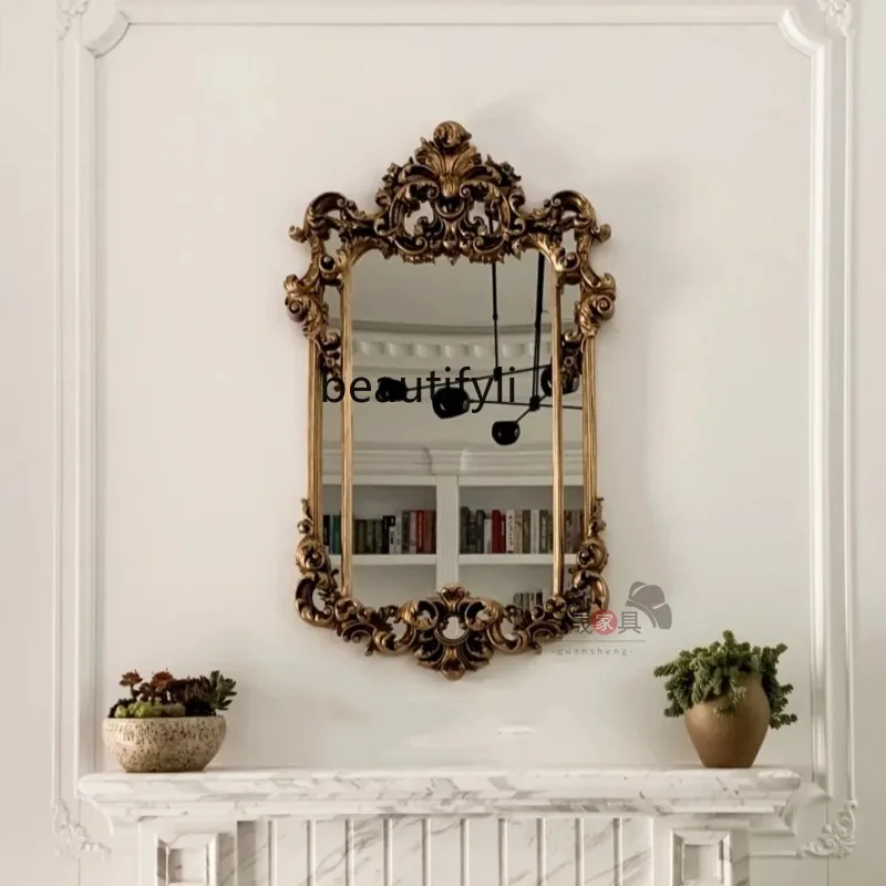 European-style carved dressing, wall-mounted retro makeup mirror wall-mounted American bathroom mirror entrance living room