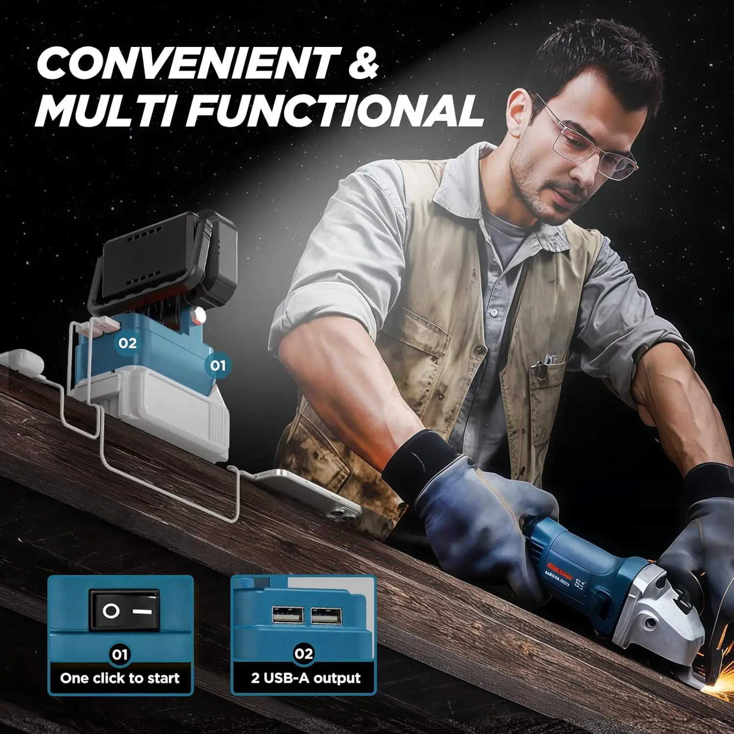 LED-Arbeitsleuchte, Scheinwerfer mit 2 USB-Ladeanschlüssen für Makita 18 V Li-Ionen-Akku, elektrische Taschenlampe für Camping im Freien – Detail 18