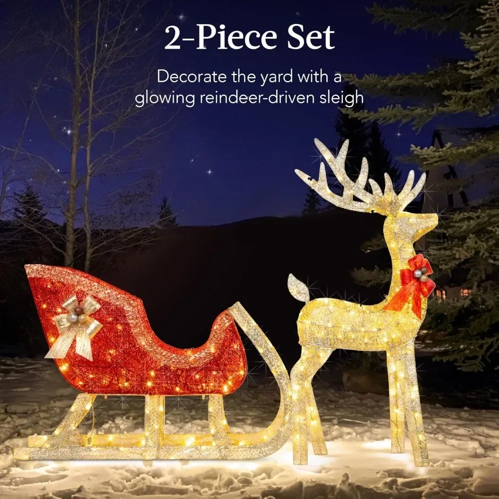 Lighted Christmas 4ft Reindeer & Sleigh Outdoor Yard Decoration Set w/ 205 LED Lights, Stakes, Zip Ties