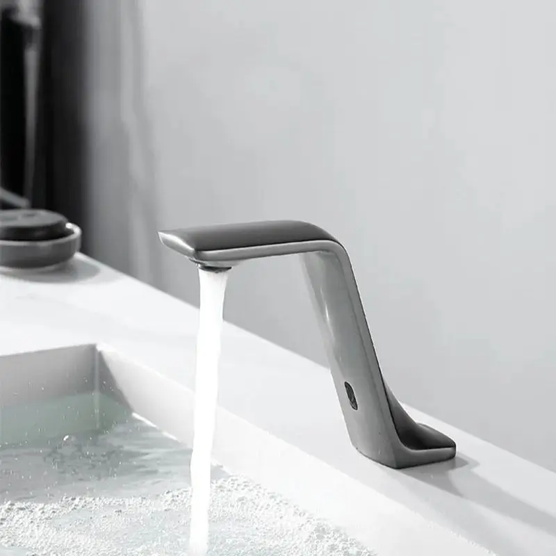 Imagem -02 - Torneira Automática da Bacia do Banheiro Touchless Sensor de Movimento Infravermelho Inteligente Lavagem Única Mão Fria Arma Cinza Bronze