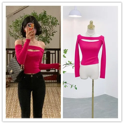 6119 Encounter Ambiguous Atmosphere Herbst Off-Shoulder Hollow Out Sexy Pure Desire Slim Fit Short Base Shirt