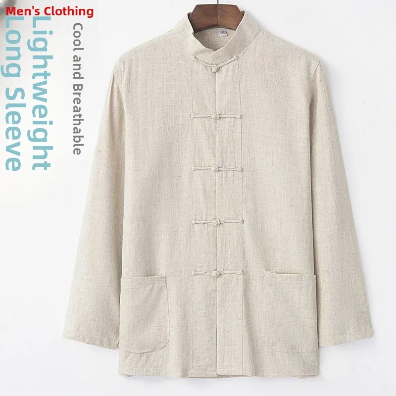 

Men's Summer Thin Cotton Linen Tang Suit Long Sve Button up Traditional Chinese Sle Dad Clothes Travel Wear Pure Color