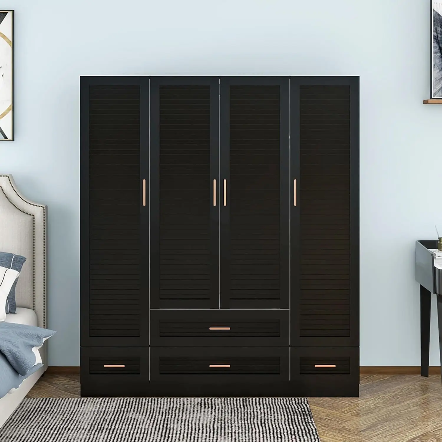 Wooden Armoire Wardrobe Closet Black Large Capacity Tall Cabinet, Hanging Rods and Shelves for Bedroom Armoire Storage image 2