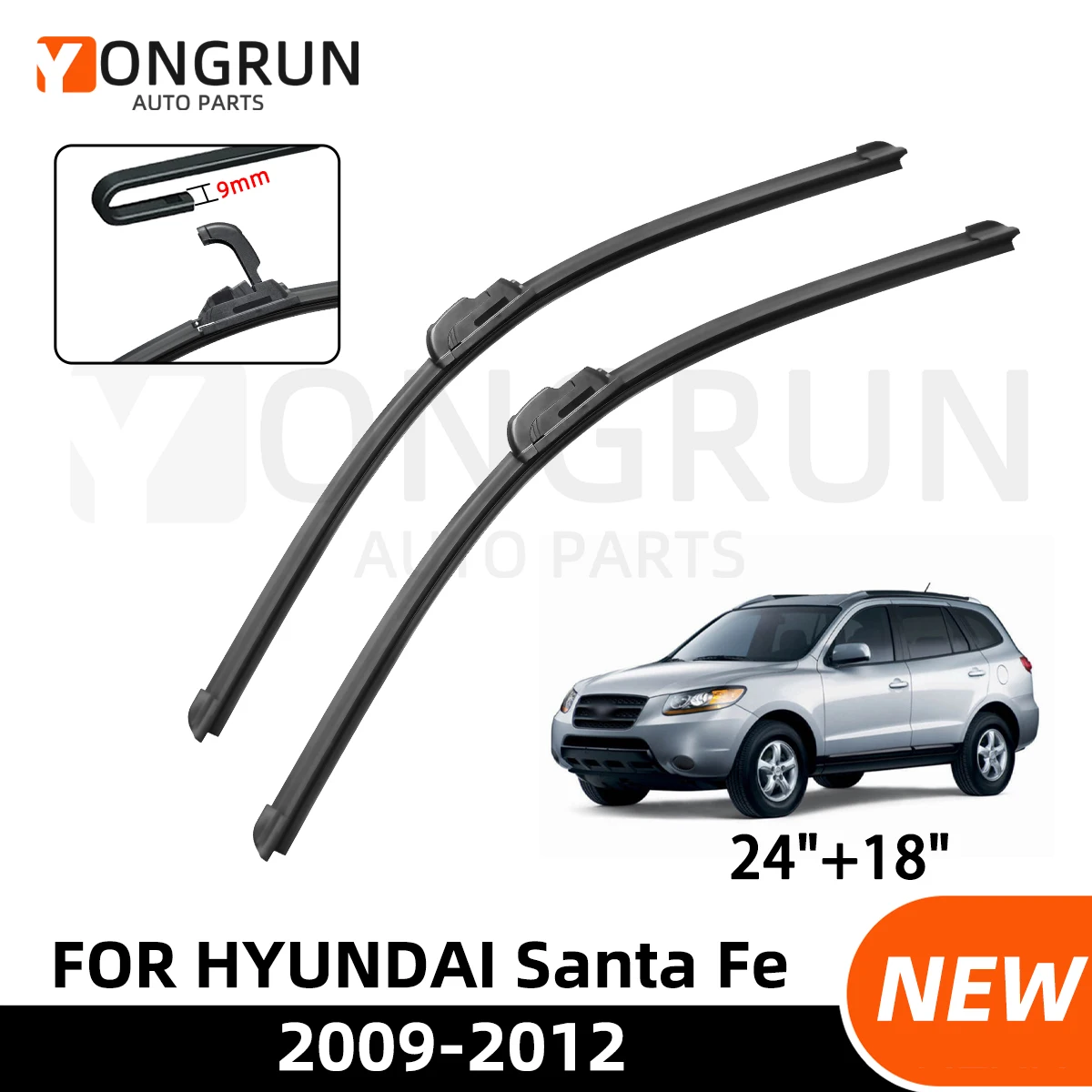 

YONGRUN 2PCS Is Suitable For Hyundai Santa Fe 2009-2012 Front Windshield Wiper Blades 24"+18" Durable Automotive Parts 2010 2011