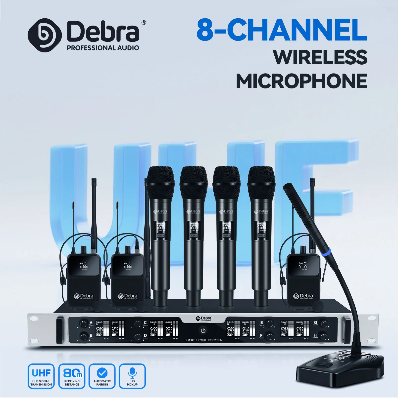 نظام ميكروفون لاسلكي محمول باليد من Debra DU-8008، UHF 8 قنوات، اقتران التردد التلقائي، مناسب للمؤتمرات والاستضافة #2