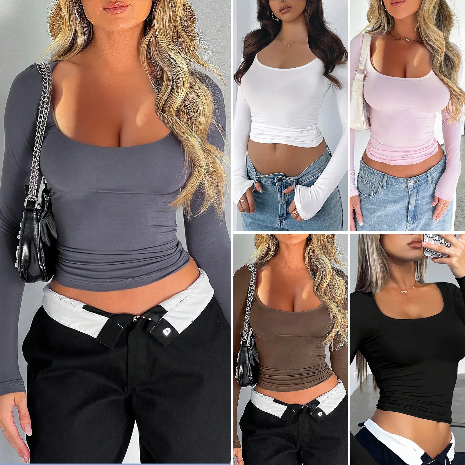 T-shirt damski na wiosnę/lato 2025 Y2K Slim Fit U-neck Top z długim rękawem Camisetas Vetement Femme Tendance Koszule I Bluzki