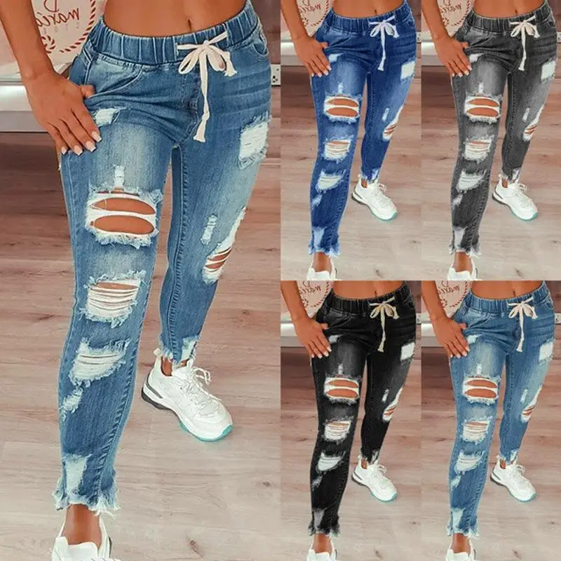 

Urban Sle Elastic Waist Dstring Ripped Jeans mid Stretch Cotton Bla l Waist Adult plus Size Casual Trousers