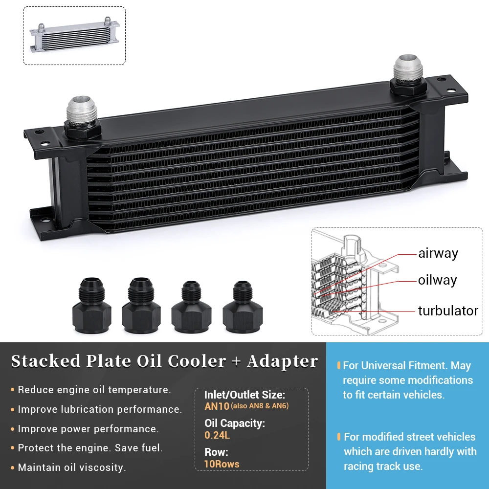 10 Row AN10 Stacked Plate Oil Cooler 10AN to 6AN 8AN Adapter Universal Engine Transmission Aluminum Sliver/Black HT7010