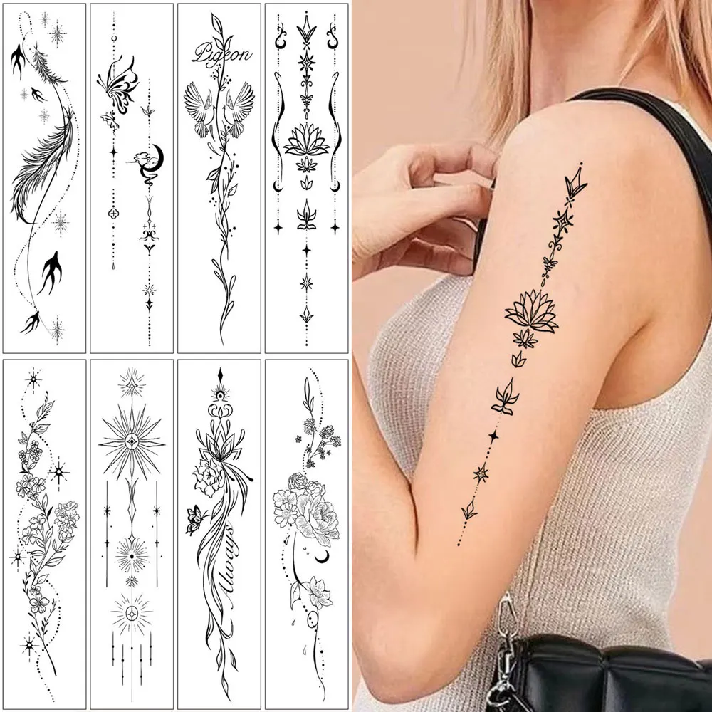 

8 Sheets/Pack Black Flower Temporary Tattoo Stickers for Women, Suitable For Female Arms, Back, Hand and Body Decoration