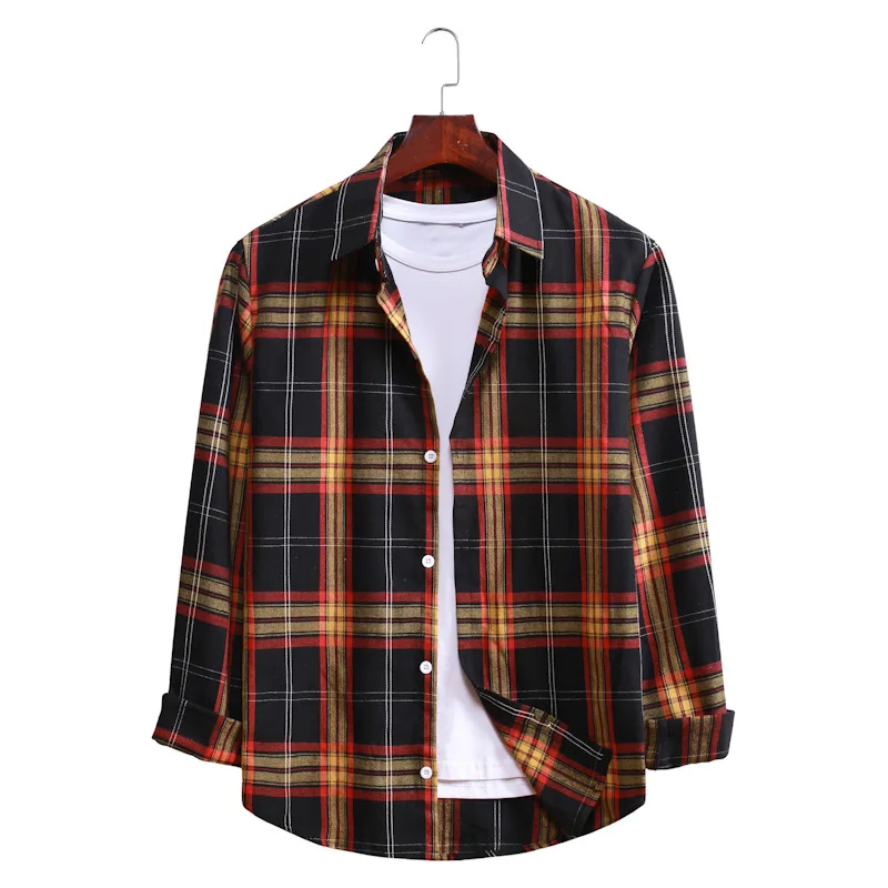 An& Cotton Flannel Men's Plaid Shirt Slim Fit Spring Autumn Long Sleeve Thickened Fleece Travel Casual Shirt