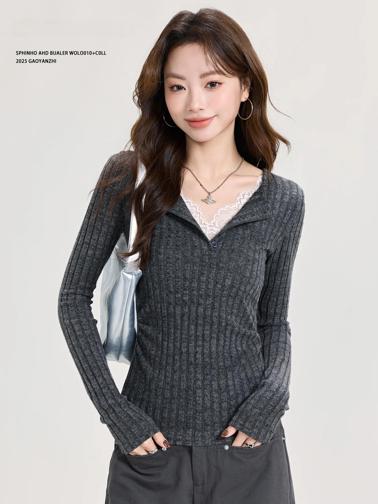 

High Yanyan Lace Splice Knitted Sweater Women's Slim Fit Inner Wear Base Top Fake Two-Piece Sweet Sle Long Sve V-Ne