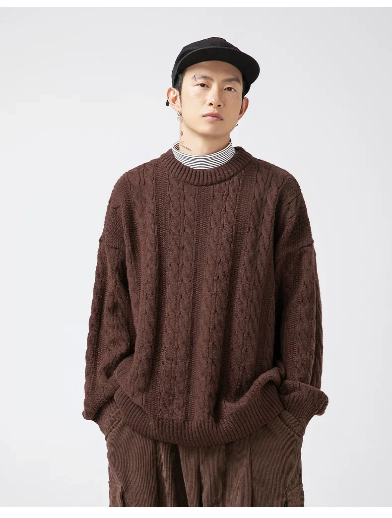 Japanese Couple's Solid Color Twisted Flower Knitted Crew-neck Sweater, Men's New Loose Retro Knit Sweater for Autumn and Winter