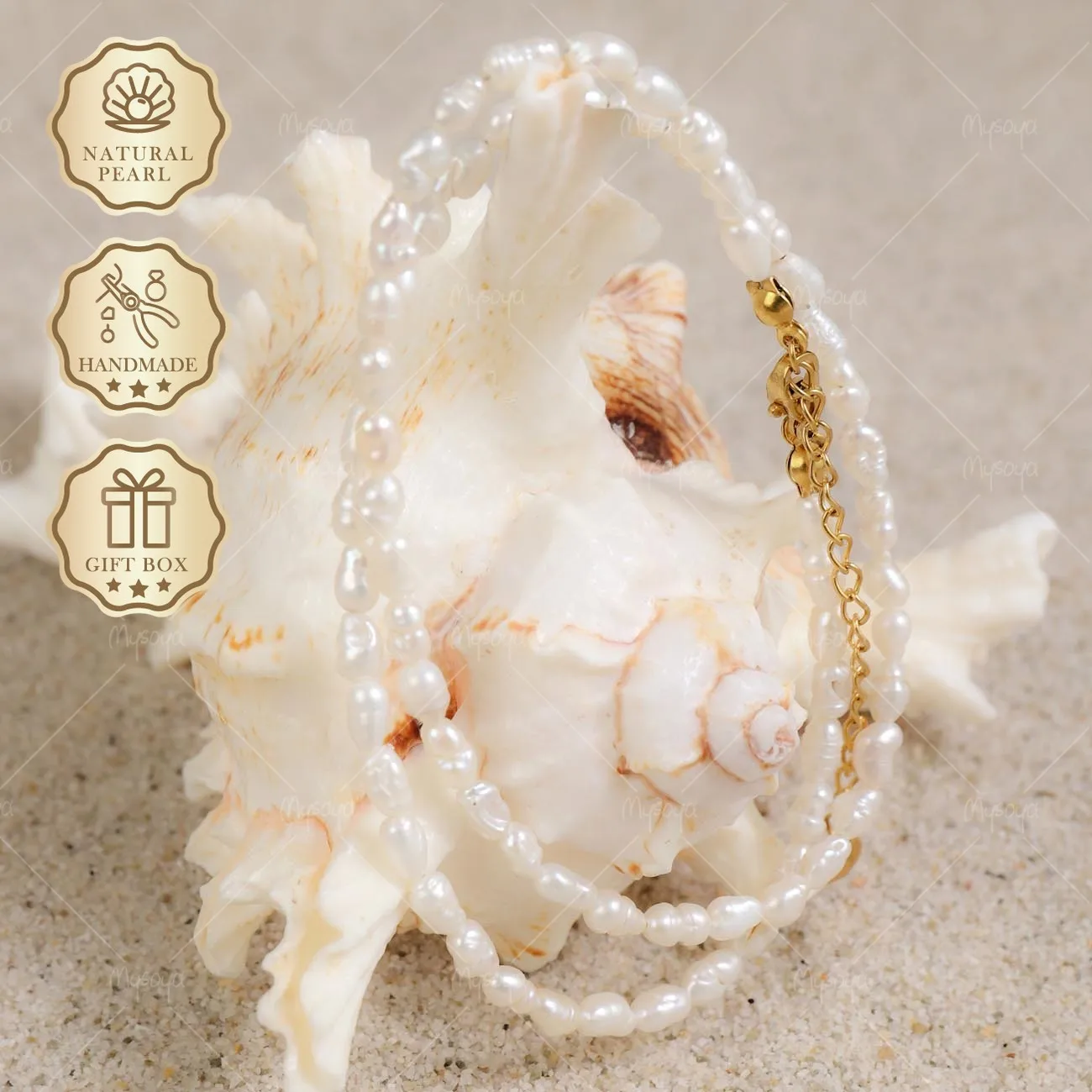 

Mysoya White Rice-Baroque Freshwater Pearl Necklace 3-4mm Golden Extender Gift Box Valentine's Day Birthday Gift For Her