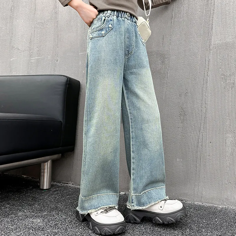 Kids Girl Vintage Jeans 8 10 12 14Years Wide Leg Denim Pants Fashion Teen Girl Streetwear Simple High Grade Jeans Spring Clothes