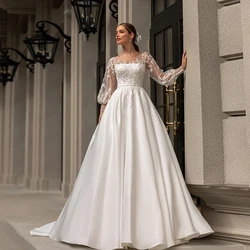 Luxury Lace Appliques Wedding Dresses A Line Fuffy Ruched Satin Ball Gowns Long Sleeve Formal Bride Vestidos De Novia Customized
