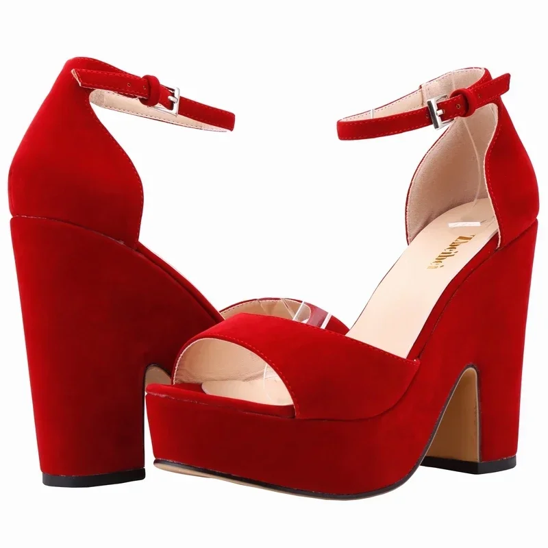 

Women Sexy Peep Toe Sandals Summer Ankle Strap Pumps 12cm Sexy Square Thick High Heels Flock Platform Party Dress Wedding Shoes